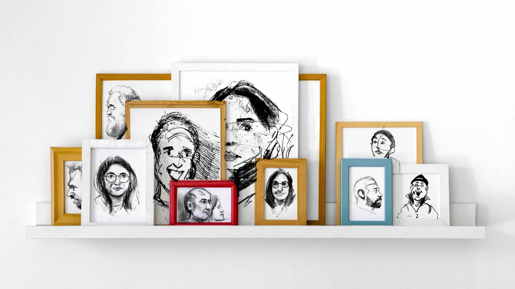 Composition de portraits dessinés présentés dans des cadres colorés