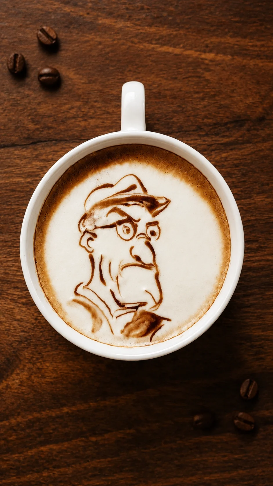 Portrait dessiné sur la mousse d’un café, dans une tasse blanche posée sur une table en bois